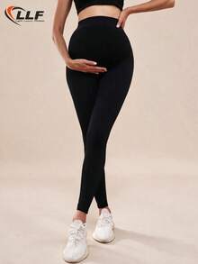 Maternity Seamless Solid Color High Waist Ribbed Waist Yoga Pants Leggings, Basic Slim Fit Sports Long Pants - Black - View 3