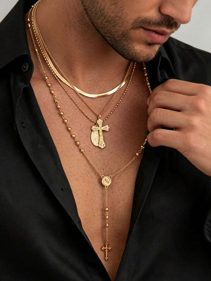 4pcs Vintage Punk Cross Necklace Set, Men's Snake Bone Rosary Chain Layered Necklace, Couple Sweet & Cool Choker - Gold - View 1
