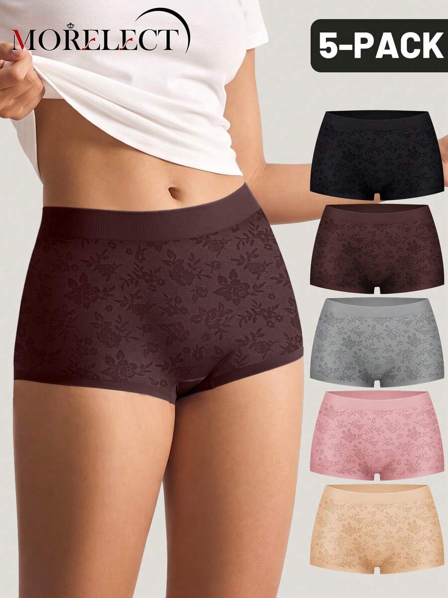 Morelect 5pcs/Pack Women's Low Waist Seamless Panties, Seamless, Comfortable & Breathable, Printed, Sexy