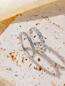 2pcs Stainless Steel Silver Series Rhinestone Honeycomb Ring Set, Suitable For Women's Daily Wear - Silver - View 9