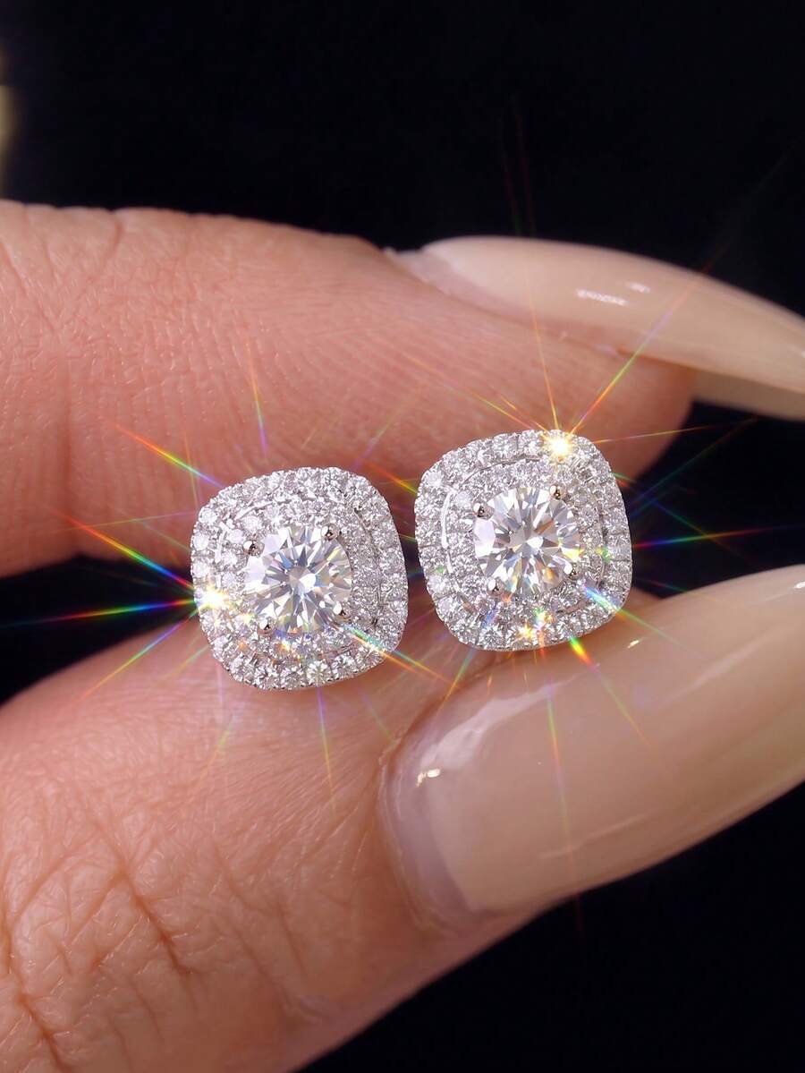 1 par de pendientes de botón cuadrados de doble capa con circonita de cobre totalmente pavimentados, estilo de lujo hip-hop unisex, adecuados para el uso diario, fiestas y regalos de vacaciones, perfectos para el Día de San Valentín y regalos de cumpleaños - A - Ver 1