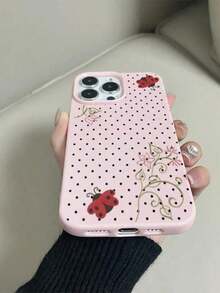 1件極簡粉色全螢幕小波點瓢蟲花卉圖案全包覆TPU防震手機殼，適用於 16 15 14 13 12 11 Pro Max，適用於 17 17 Pro 17 Pro Max Air，皮革紋理防滑手機保護殼，荔枝紋智能手機保護套，適用於 - 粉色 - 查看 6