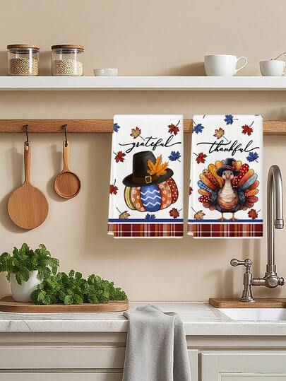 2Pcs Thanksgiving Turkey Kitchen Towel Set, Thankful Cute Cartoon Pilgrim Turkey Maple Leaf Print & Grateful Letter With Pilgrim Hat Patchwork Pumpkin Dish Hand Towels, Rustic Fall Harvest Holiday Kitchen Decor