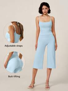 TimeOff Conjunto deportivo de mujer de un solo color con camisola de tirantes ajustables y pantalones de pierna ancha de largo medio - Celeste - Ver 10