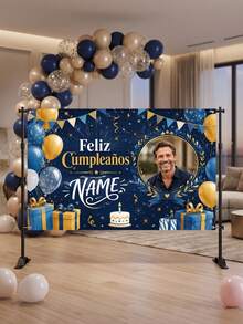 1pc - Customized Birthday Celebration Backdrop, Customized Blue & Gold Theme Printed Poster - Personalized Gold & Colorful Confetti And Star Decorations, Suitable For Celebration Party, Birthday Gathering, Home Decor Background, Customizable Anniversary, Personalized Birthday Party, Customized Photo And Name Poster - Multicolor - View 4