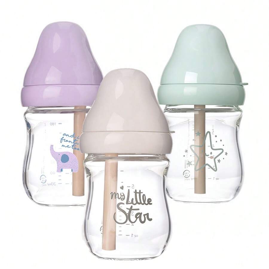 1pc 160ml/240ml Glass Baby Bottles,No-Drip Design, Reduces Colic And Gas With Anti-Colic Valve, Natural Silicone Nipple - Multicolor - View 1