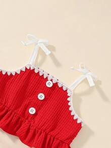 Baby Girl 2pcs Set Tie Bow Spaghetti Strap Ruffle Short Top With Santa Claus Patchwork Big Bow Skort, Sweet Festive Christmas Style Breathable Bubble Crinkle Texture Infant Holiday Party 100 Days Photo Outfit - Red - View 3