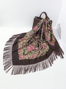 1pc New Women's Vintage Floral Print Shawl Scarf With Tassels, Woven Fabric - Multicolor - View 10
