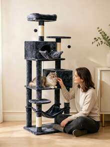 Multi‑Level Cat Tree, With Two Cat Houses, A Hammock And A Hanging Basket. Multiple Sisal Scratching Posts For Claw Sharpening, A Top Viewing Platform, And An Interactive Pom‑Pom Cat Toy. Suitable For Multiple Cats. - Random Color - View 8