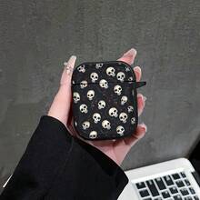 1pc Black Background Full Print Skull Pattern Earphone Case, Vintage Halloween Personalized Skull Design Full Coverage Soft Shell, Compatible With AiPods1/2, Compatible With Airpods3, Compatible With Airpods4, Compatible With Airpodspro, Shockproof Bluetooth Earphone Protective Cover - Black - View 4