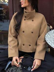 Women's New Fashion Long‑Sleeve Jacket, Double‑Breasted Stand Collar Loose Fit, Fall Short Outerwear For Street Style - Camel - View 2