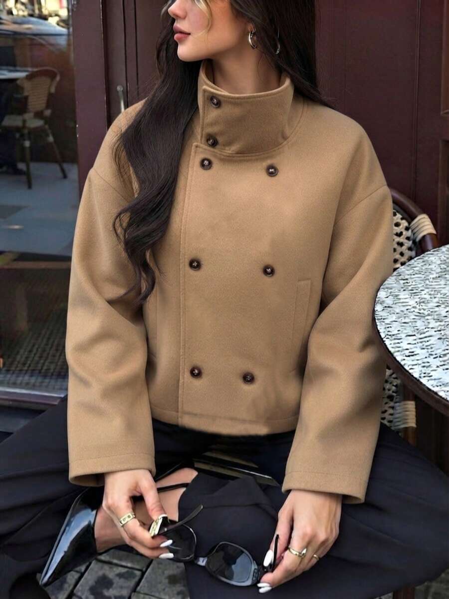Women's New Fashion Long‑Sleeve Jacket, Double‑Breasted Stand Collar Loose Fit, Fall Short Outerwear For Street Style