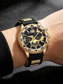 5pcs Set New Men's Large Dial Quartz Watch And Hip Hop Cuban Rhinestone Cross Pendant Accessory Set, Suitable For Daily Wear, Sports, Holidays, Campus Gift - Multicolor - View 2