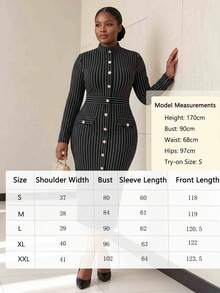 NOU Women's Mid-Length Dress With Small High Neck, Vertical Row Of Multiple Gold Buttons, Faux Pocket Flap With Button, Elastic Striped Fabric - Black and White - View 6