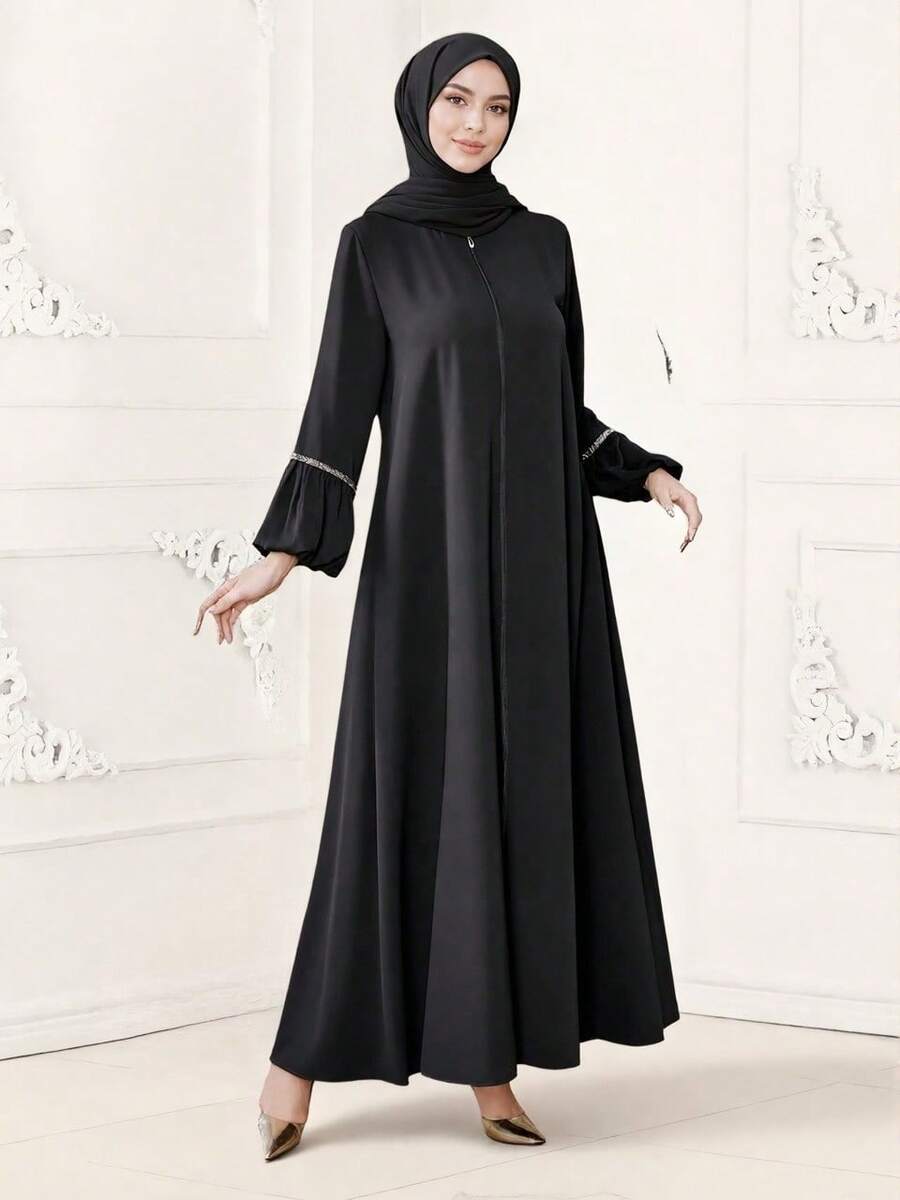 Stylish Women's Elegant Sequined Long-Sleeved Loose Zipper Dress Spring Black Fall