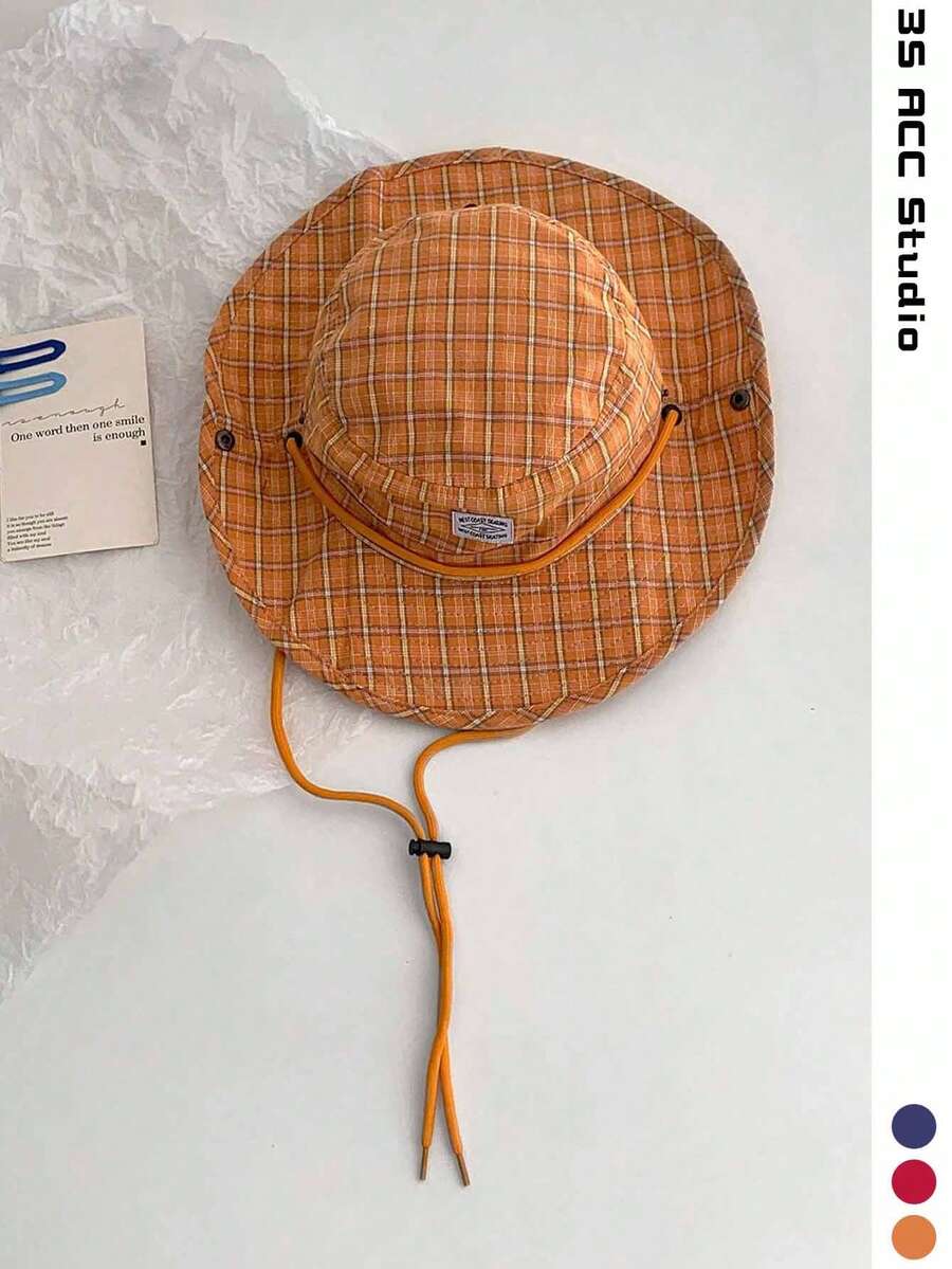 Wide Stiff Brim Vintage Check Pattern Patchwork Contrast Color Drawstring Bucket Hat Unisex Boho Vacay Spring Summer Sun Hat Bright Monochromatic Looks Tie-Up UV Protection Travel Hat - Fabric Label Check Pattern - View 1