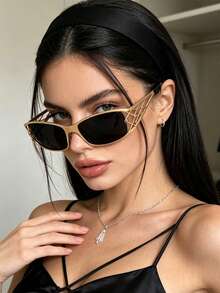 1件金屬時尚眼鏡 中空鏡腿 Y2K 未來感 包覆式復古百搭休閒女款眼鏡 適合日常配戴、街頭風、度假旅行、夏季海灘配件、秋冬穿搭 - 黑色 - 查看 3