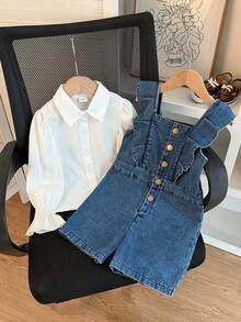 Thời trang cho bé gái đầu thu thanh lịch, áo blouse trắng cổ bẻ tay phồng có cổ tay nhún + jumpsuit xanh tay bèo cài nút đơn, phù hợp mặc hàng ngày mùa hè, đi học, đi chơi ngoài trời và du lịch - trắng - Xem 3