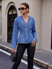 HAPPY GIRL#Spring/Autumn Versatile Fashion Solid Color Elegant Denim Beach Front Button Waist-Cinching Design Women's Long Sleeve Denim Top - Blue - View 2