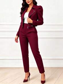 Women's Spring/Autumn Elegant Commute 2 Pieces Set, Burgundy Short Waist-Cinching Vintage British Button & Zipper Design Blazer Paired With Simple Casual Straight Leg Pants - Burgundy - View 7