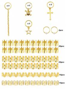 66pcs Cross&Skull Star Chain Decor Hair Ring,Dreadlocks Beads Clips Hair Accessories For Braids For Halloween Party(Without Box) - Gold - View 2