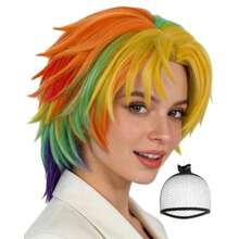 AShort Rainbow Colorful Wigs For Men Women Short Rainbow Cosplay Wig Hairnet+Colorful Wolftail Wigs With Bangs Adult Pride Day Outfit Lgbt Costume Layered Fluffy Wig For Halloween Cosplay Party - Rainbow - View 1