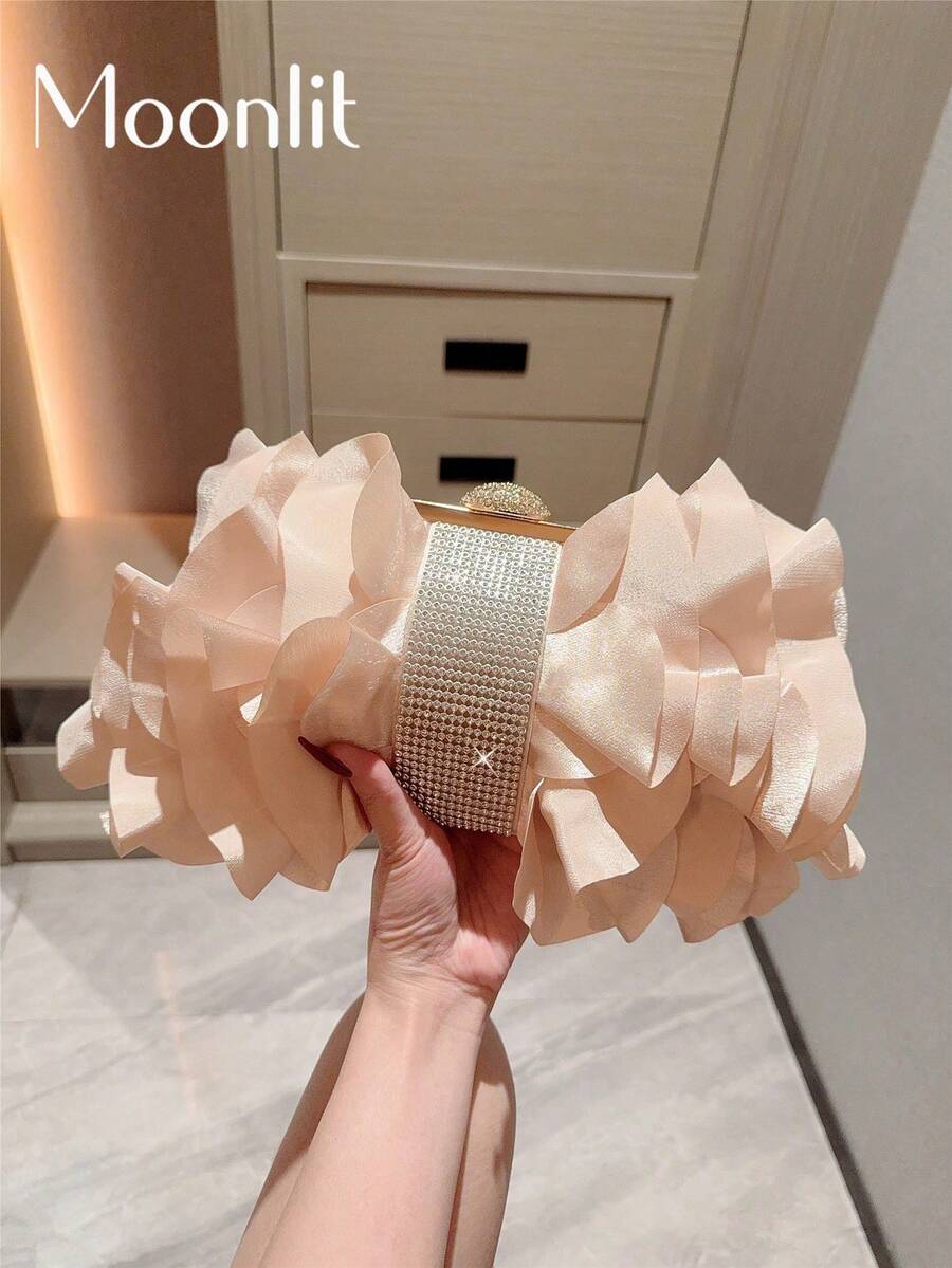 月光之夜手拿包,一款优雅复古杏色闪亮亮片水钻装饰手拿包,奢华蝴蝶结花瓣荷叶边设计单肩包,适合晚宴、约会、婚礼和正式场合,是送给女性朋友的完美礼物。 - 杏色 - 查看 1