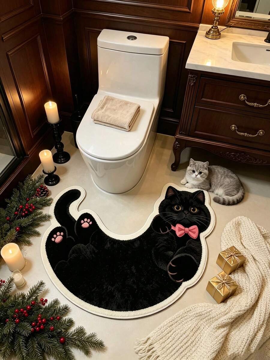 1pc Bow Black Cat Pattern Floor Mat, Bathroom Mat, Bathroom Rug, Door Mat, Small Rug, Carpet, Floor Mat, Home Decor, Area Rug, Outdoor Mat, Home Decor, Area Carpet, Bedroom Rug, Washable Carpet - Multicolor - View 1