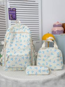 Newborn Backpack; Bow Print Backpack, Suitable For Elementary And Middle School Students - Blue - View 1