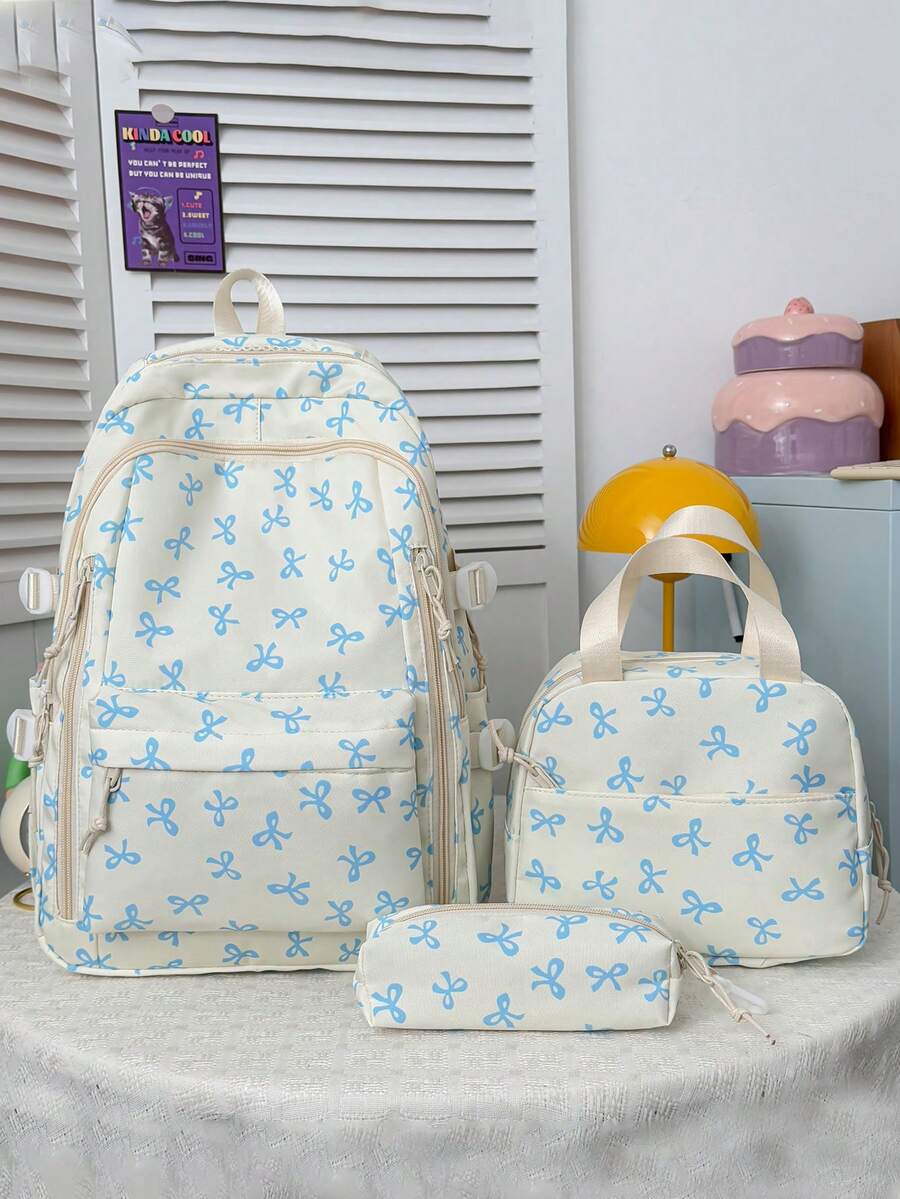 Newborn Backpack; Bow Print Backpack, Suitable For Elementary And Middle School Students - Blue - View 1