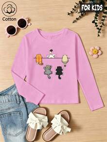 Girls' Cotton Raglan Long-Sleeve T-Shirt, Long Sleeves For Autumn & Winter, Multicolor Cartoon Cat Print Crew Neck Tee, Cute Sweet Girly Preppy Style - Light Wine Red - View 2