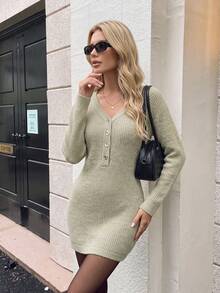 Nicenter Women's Fall Winter Casual Ribbed V Neck Half Button Long Sleeve Bodycon Wool Blend Knit Sweater Dress, Casual Simple For Office Daily Home Date - Light Grey - View 7