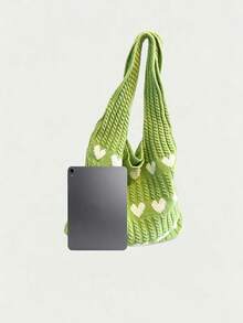 Heart Jacquard Knit Woven Accessory Large Capacity Open Top Closure Storage Bag, Suitable For Daily Commute, School, Shopping, Travel, Leisure, Multi-Use Handheld And Shoulder Bag - Green - View 3