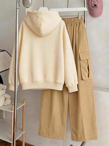 Girls' Creative Baseball Cap Print, Apricot Hooded Sweatshirt & Khaki Cargo Pants 2 Pieces Set, Minimalist Design, Suitable For Spring, Autumn And Winter Wear, Comfortable And Relaxed - Apricot - View 4