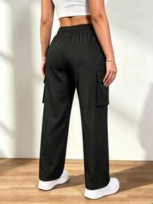 Women's Casual Solid Color Cargo Pants, With Drawstring Waist And Large Pockets, Suitable For Outdoor, Sports, And Daily Fashion Wear - Black - View 3