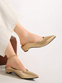 Vintage Brown Pointed Toe Flat Shoes Women New French Style Colorblock Low Vamp Hidden Heel Flat Shoes All Season - Gold - View 3