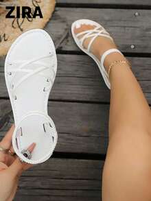 Zira2026 Women's Round Toe Closed Toe Thin Strap Metal Buckle Back Strap Flat Sandals, Minimalist Casual Style - White - View 2