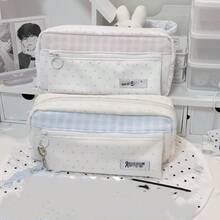 Ins Style Pink & White Polka Dot Plaid Pencil Case, Korean Style Large Capacity Multi-Layer Compartment Stationery Storage Bag, Cute Minimalist Student Pencil Pouch For Back To School - Multicolor - View 7