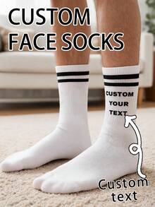 Striped Custom Text Crew Socks. Classic White Ribbed Socks Featuring Two Black Stripes On The Cuff, Available For Personalized Custom Text Printing. - Multicolor - View 1