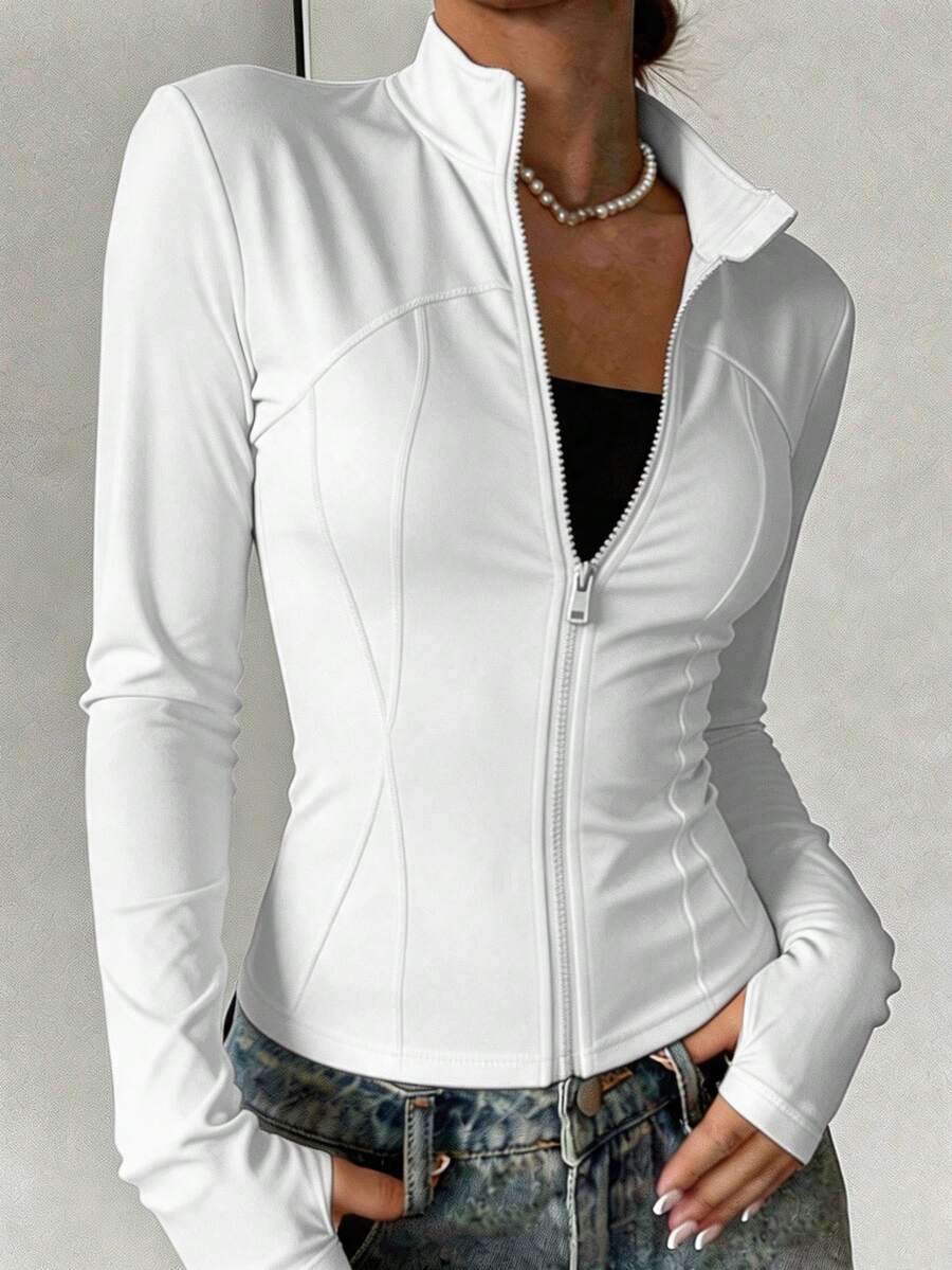Chaqueta deportiva de cuello alto con cremallera completa para mujer talla grande, manga larga con orificio para el pulgar, ajuste ceñido, top casual para fitness, running y actividades al aire libre - Blanco - Ver 1