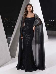 YISIKADO Rhinestone Chiffon Shawl Sequin Formal Evening Gown Wedding Party Banquet Elegant Women's Dress - Black - View 3