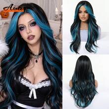 Topshe Ava WIGS 24英吋紅色挑染長波浪假髮，附簾幕瀏海，免膠水耐熱合成髮絲，無蕾絲，女款黑紅混色長波浪假髮，適合日常配戴、派對、Cosplay，多色假髮，女性完美萬聖節禮物 - 藍色 - 查看 13