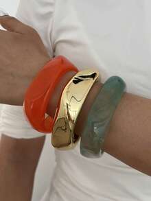 3/1pc Vintage Minimalist Casual Style Women's Asymmetrical Geometric Shape Gold CCB And Multicolor Acrylic Bracelets, Suitable For Daily Wear And Summer Beach Vacation, Can Be Layered, Perfect Gift Choice For Holidays - Multicolor - View 5