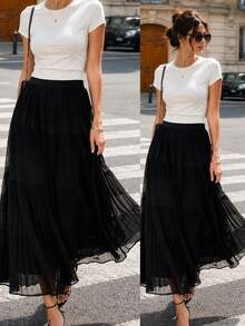 LuminousWealth Women's Elegant Pleated Maxi Skirt - Solid Color High Waist, Flowing Design, Suitable For All Seasons, High Waist Skirt Black Spring - Black - View 3