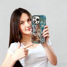 波希米亞虎紋花卉手機殼 異國風青色與棕色保護殼 相容 iPhone 17 Pro Max 16e 15 Pro 14 Plus 13 12 11 - 藍色 - 查看 4