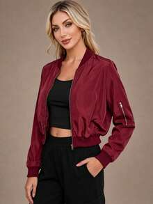 Women's Zipper Short Flight Jacket, Autumn Casual Street Style Lightweight Solid Color Regular Fit Baseball Collar Jacket - Burgundy - View 2