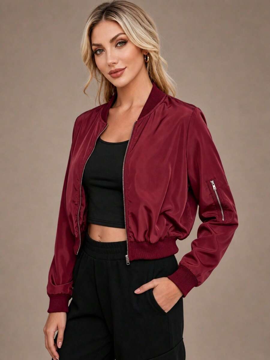 Women's Zipper Short Flight Jacket, Autumn Casual Street Style Lightweight Solid Color Regular Fit Baseball Collar Jacket