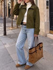 Women Fall Elegant Lapel Long Sleeve Jacket, Epaulet Button Cuff Cropped Loose Fit Daily Street Vacation Outerwear - Army Green - View 8