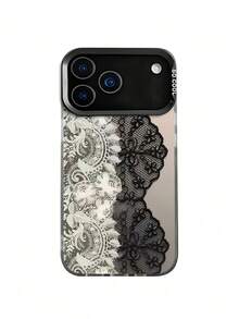 Black‑White Contrast Lace Floral Print Phone Case Compatible With Iphone, Semi‑Transparent Mirror‑Like Back Panel, Retro Spliced Black And White Lace Flower Pattern, Large View Black Camera Protective Frame, Letter Print On Side Edge,Great For Daily Dating Party Holiday Gifting, Compatible With IPhone11 12 13 14 15 16 17 Pro & Pro Max, IPhonePhone Case, IPhone17 Case, Aesthetic Smartphone Case - Black - View 3