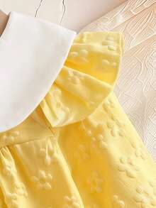 Gaun Jacquard Bunga 3D Kuning Gaya Putri untuk Bayi Perempuan, Gaun Lengan Panjang Kerah Berkerut Warna Kontras Manis Gaya Prancis, Musim Gugur/Semi - Kuning - View 8